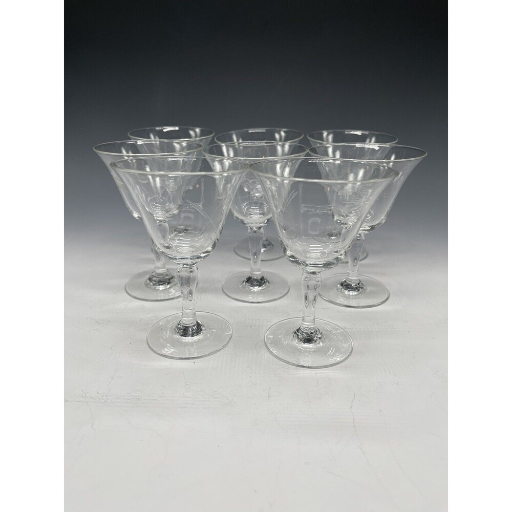8 Vintage Clear Etched Glass Sherry Wine 2oz Glasses Shot